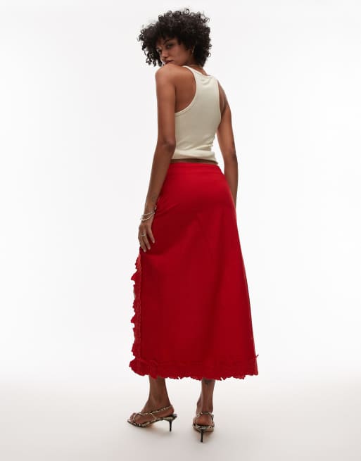 Topshop floral cutwork midi skirt with slit in red
