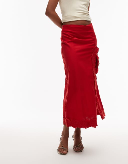 Topshop floral cutwork midi skirt with split in red, 3 of 5