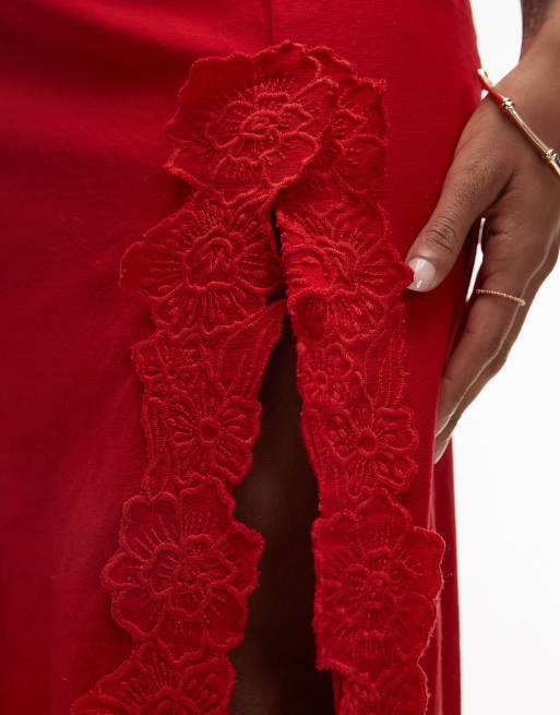 Topshop floral cutwork midi skirt with split in red, 4 of 5