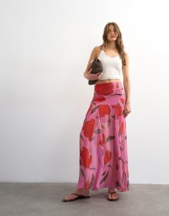 Floral drop waist full circle skirt in pink
