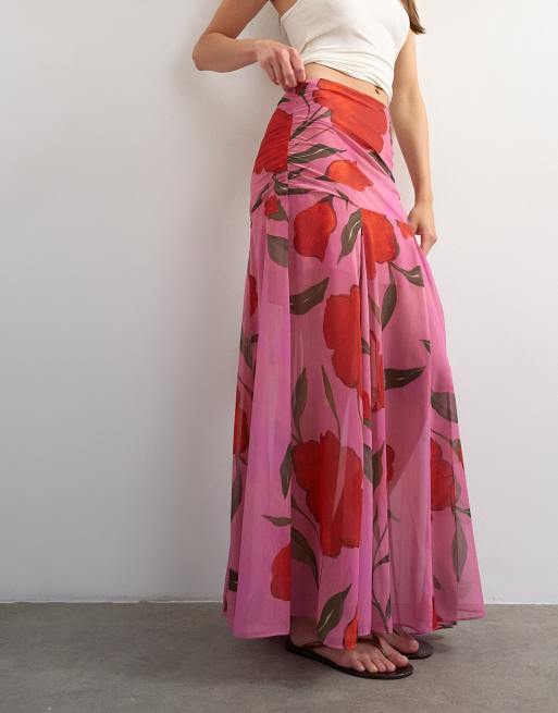 Topshop floral drop waist full circle skirt in pink, 2 of 5