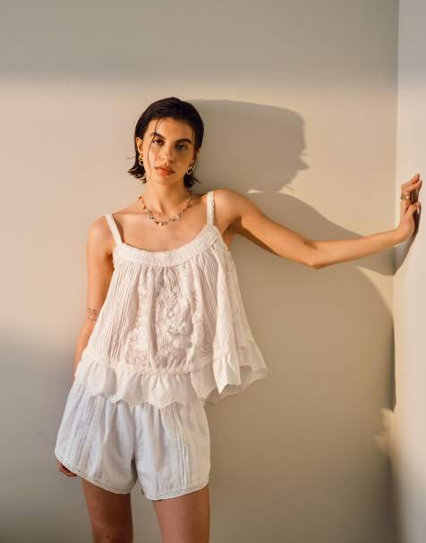 Topshop floral embroided cami in white - part of a set - view 1