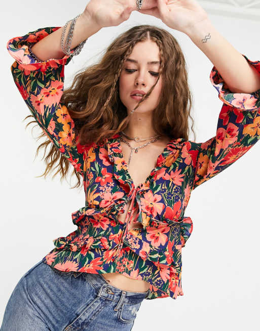 Topshop floral frill tie front top in pink and navy | ASOS