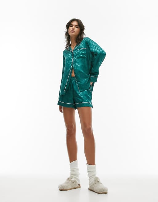 Topshop floral jacquard piped shirt and short pyjama set in green