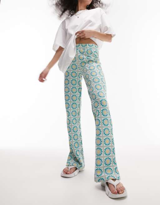 Topshop floral jacquard side slit straight leg pants in mint green