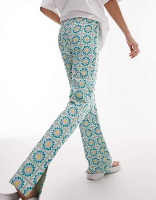 Topshop floral jacquard side slit straight leg pants in mint green