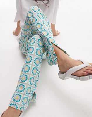 Topshop floral jacquard side split straight leg trouser in mint green - ASOS Price Checker