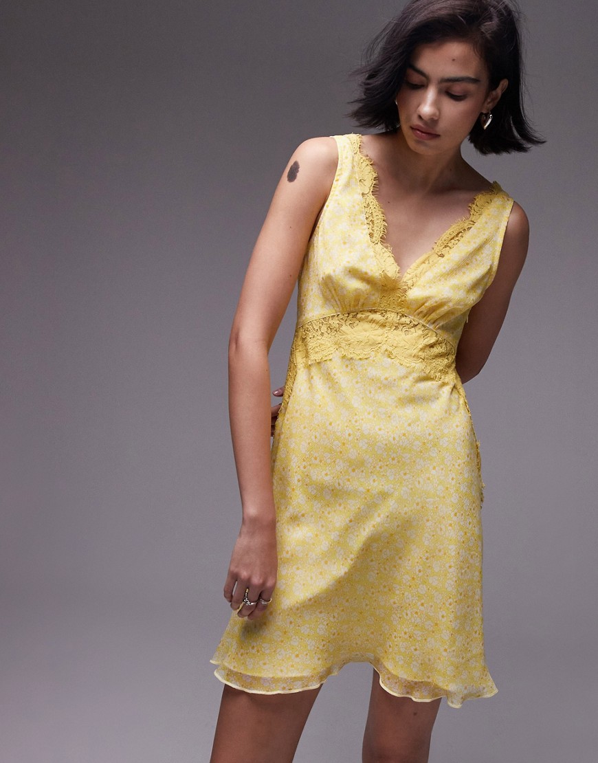 Topshop Floral Lace Mini Flippy Dress In Yellow Print