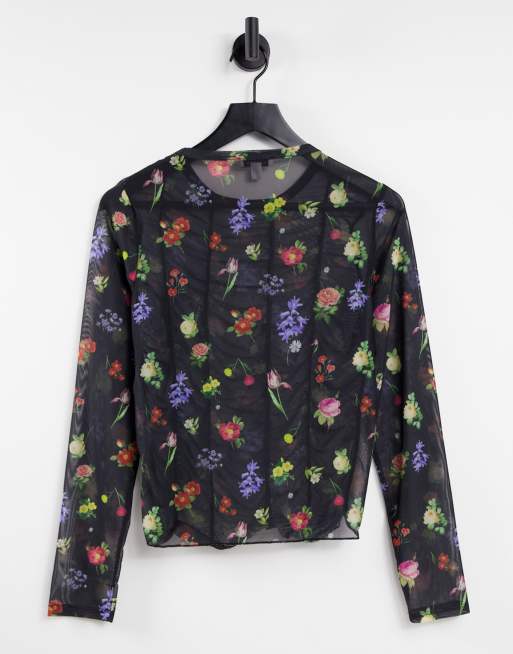 Topshop floral long sleeve mesh t-shirt in multi, 2 of 4