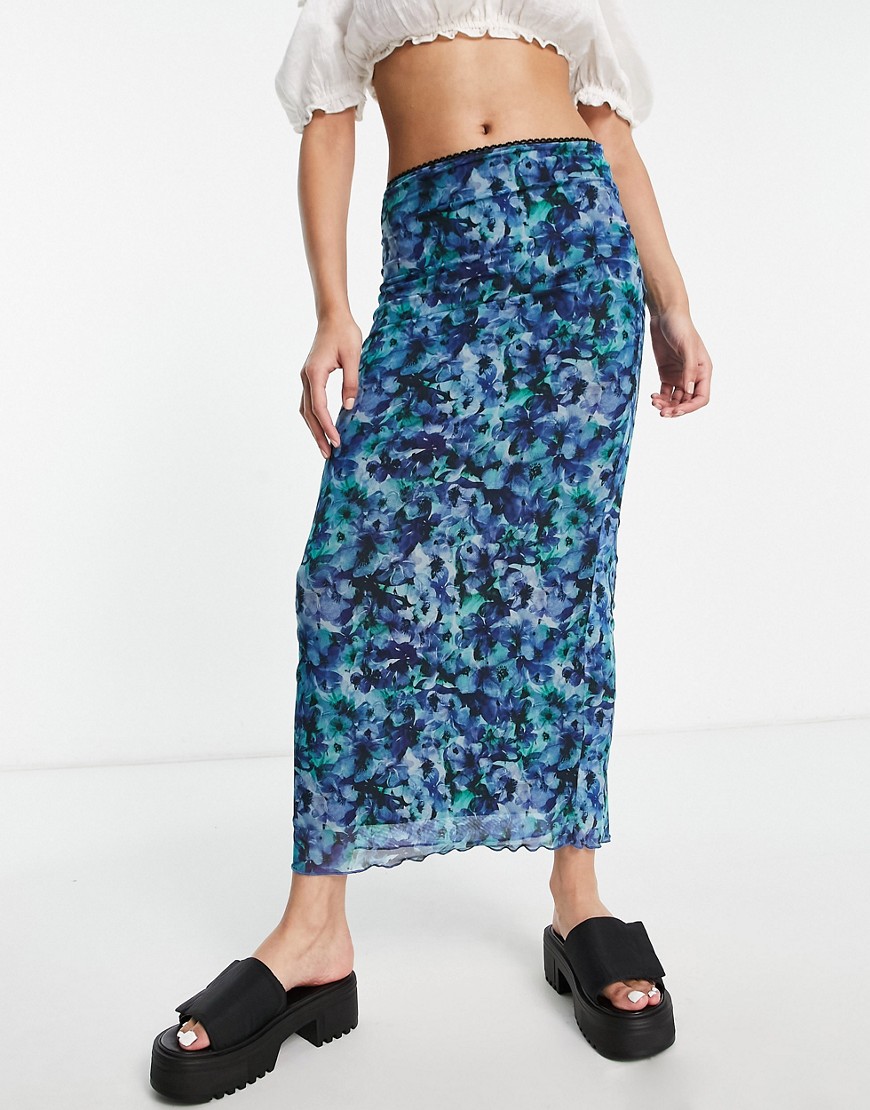 Topshop floral mesh midi skirt in blue