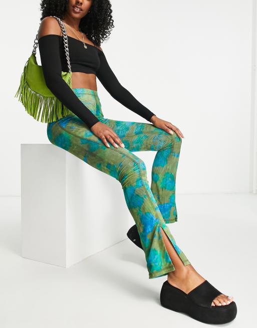 Topshop floral mesh seam skinny flare pants with front hem slits