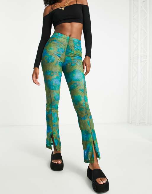 Topshop floral mesh seam skinny flare pants with front hem slits