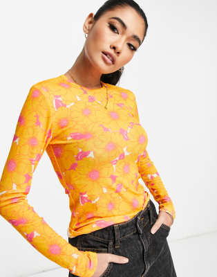 Topshop floral mesh top in orange