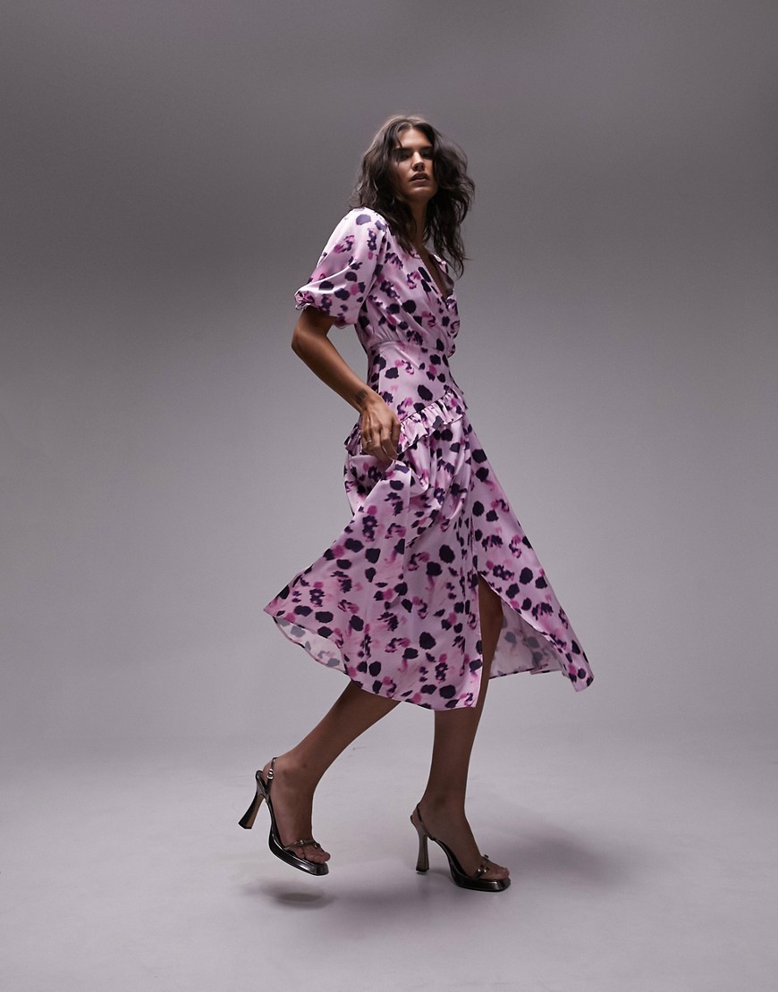 Topshop floral midi wrap occasion dress in pink floral print