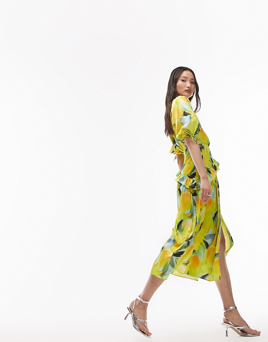 floral midi wrap occasion dress in yellow floral print