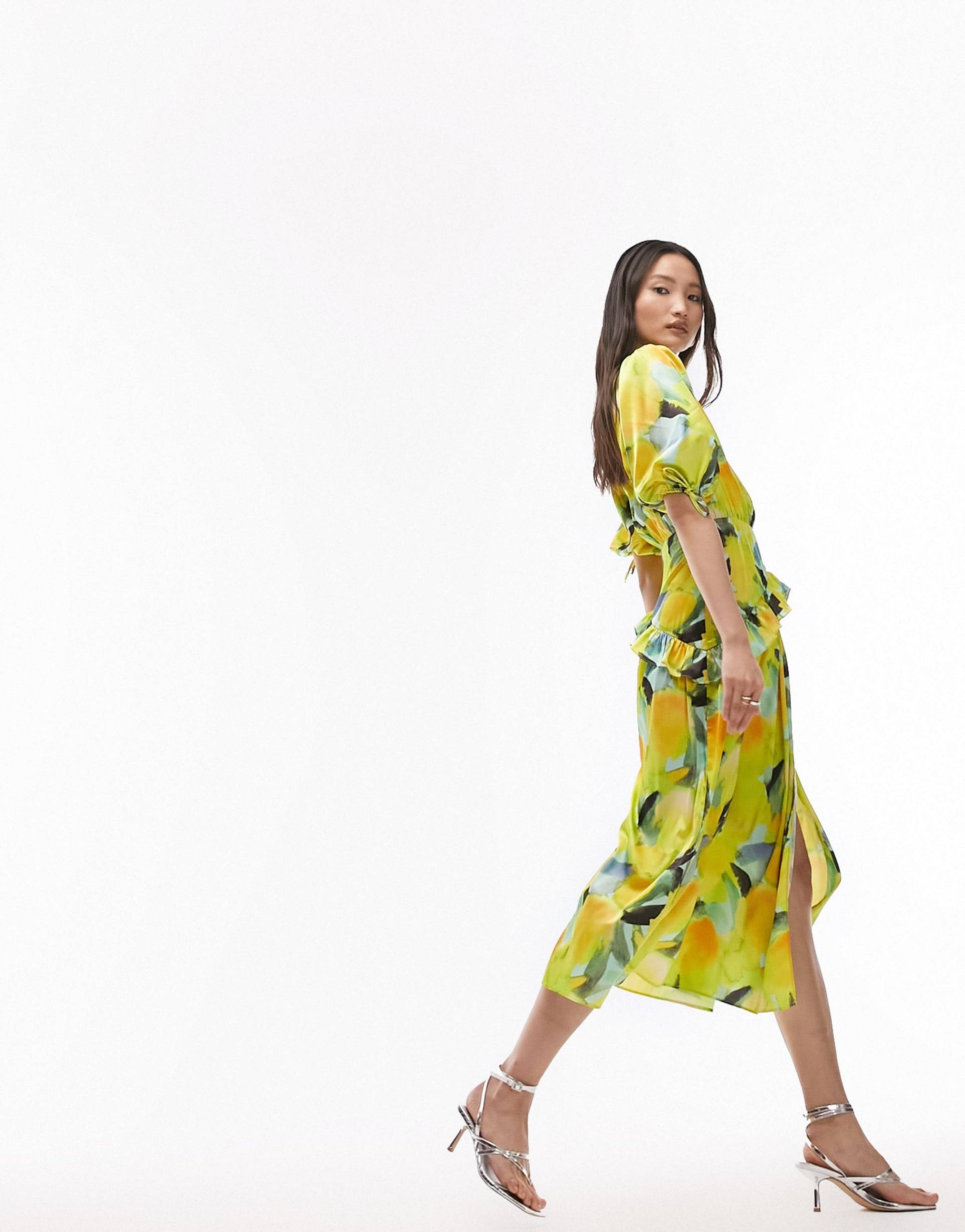 topshop floral midi wrap occasion dress in yellow floral print