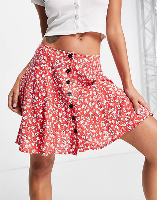Topshop floral mini button through skirt in red
