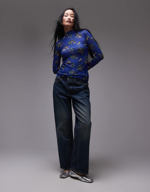 Topshop floral print crinkle mesh long sleeve top in blue