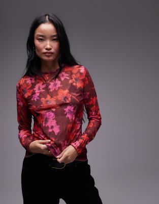 Topshop Floral Print Crinkle Mesh Long Sleeve Top In Burgundy-red