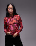 [Topshop] Topshop floral print crinkle mesh long sleeve top in burgundy-Red XS BURGUNDY