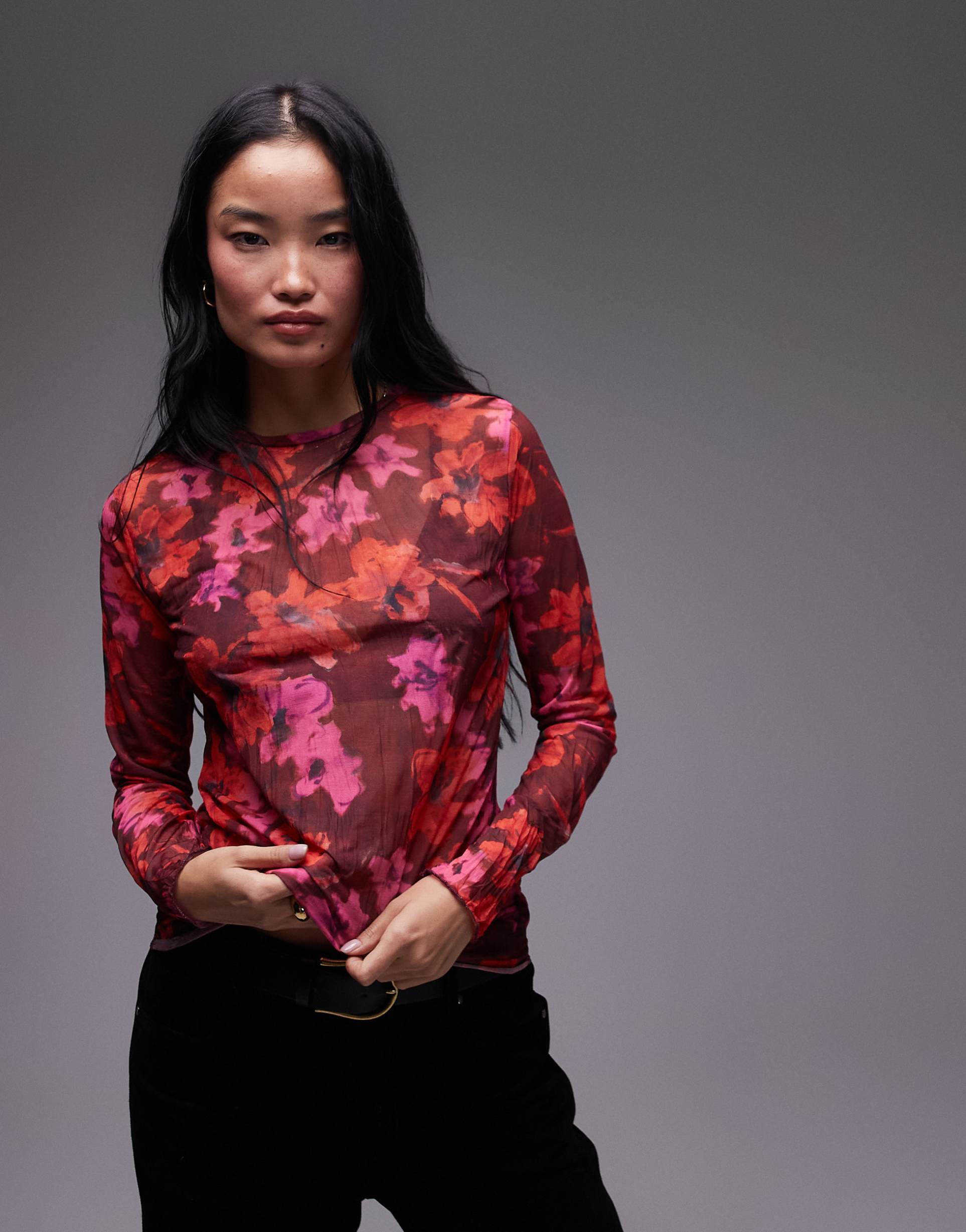 topshop floral print crinkle mesh long sleeve top in burgundy