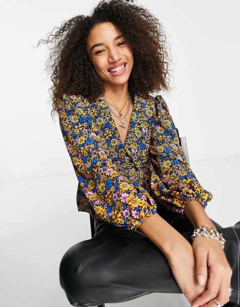 Topshop floral print dropped collar blouse in blue  - MBLUE