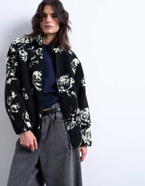 Topshop floral print fleece teddy jacket in black and white roses - view 1