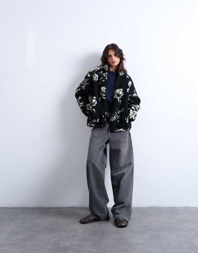 Topshop floral print fleece teddy jacket in black and white roses
