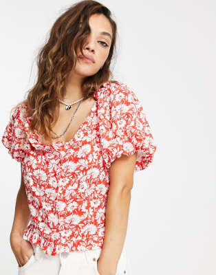 Topshop floral print frill bardot top in red