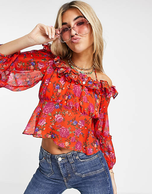 Topshop floral print frill longsleeve bardot top in red