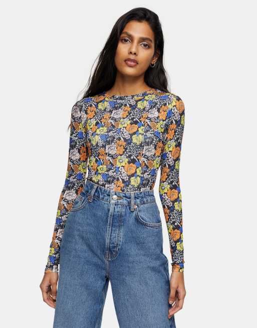 Floral mesh top long hot sale sleeve