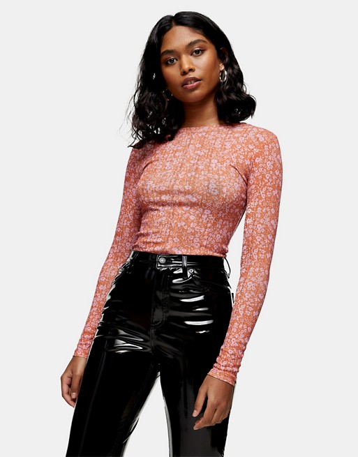 Topshop floral print long sleeve mesh top in pink and rust