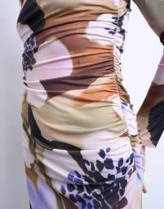 Model wearing Floral print long sleeve ruched side slinky mini dress in multi