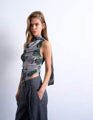 Topshop Floral Print Mesh Asymmetric Scarf Detail Top In Gray