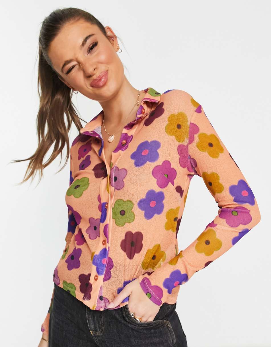 Topshop floral print mesh shirt in multi