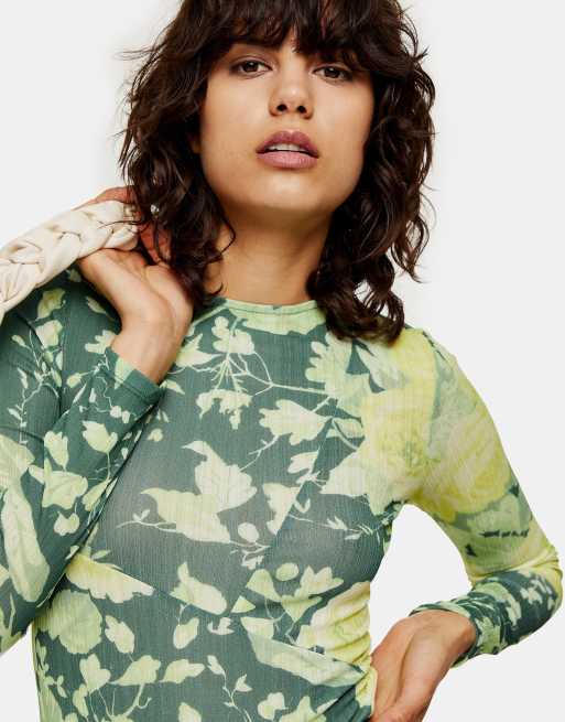 Milumia Women's Floral Mesh Sheer Long Sleeve Top - Crew Neck Bell Sleeve Tee, Khaki, Small
