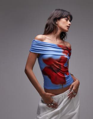 floral print microfiber deep fold bardot top in blue