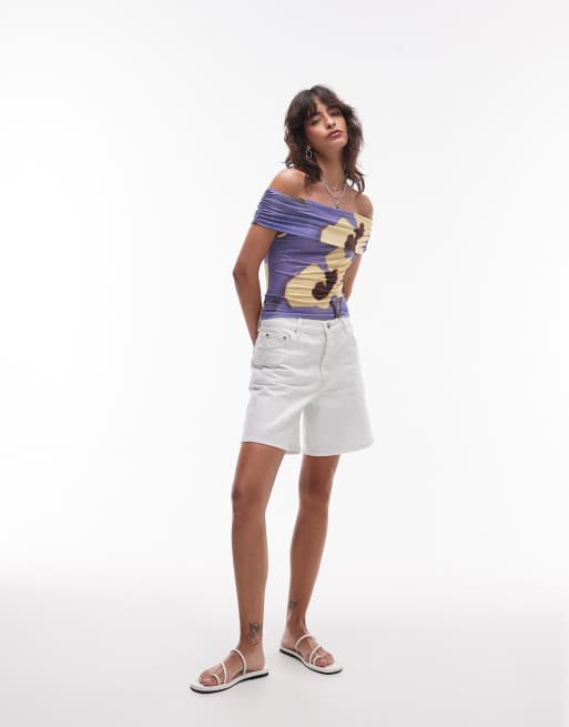 Topshop floral print microfibre deep fold bardot top in lilac and buttermilk, 4 of 4