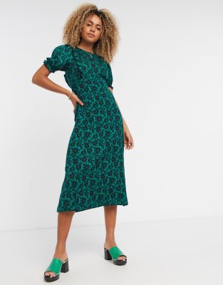 Topshop floral print midi tea dress in green | ASOS