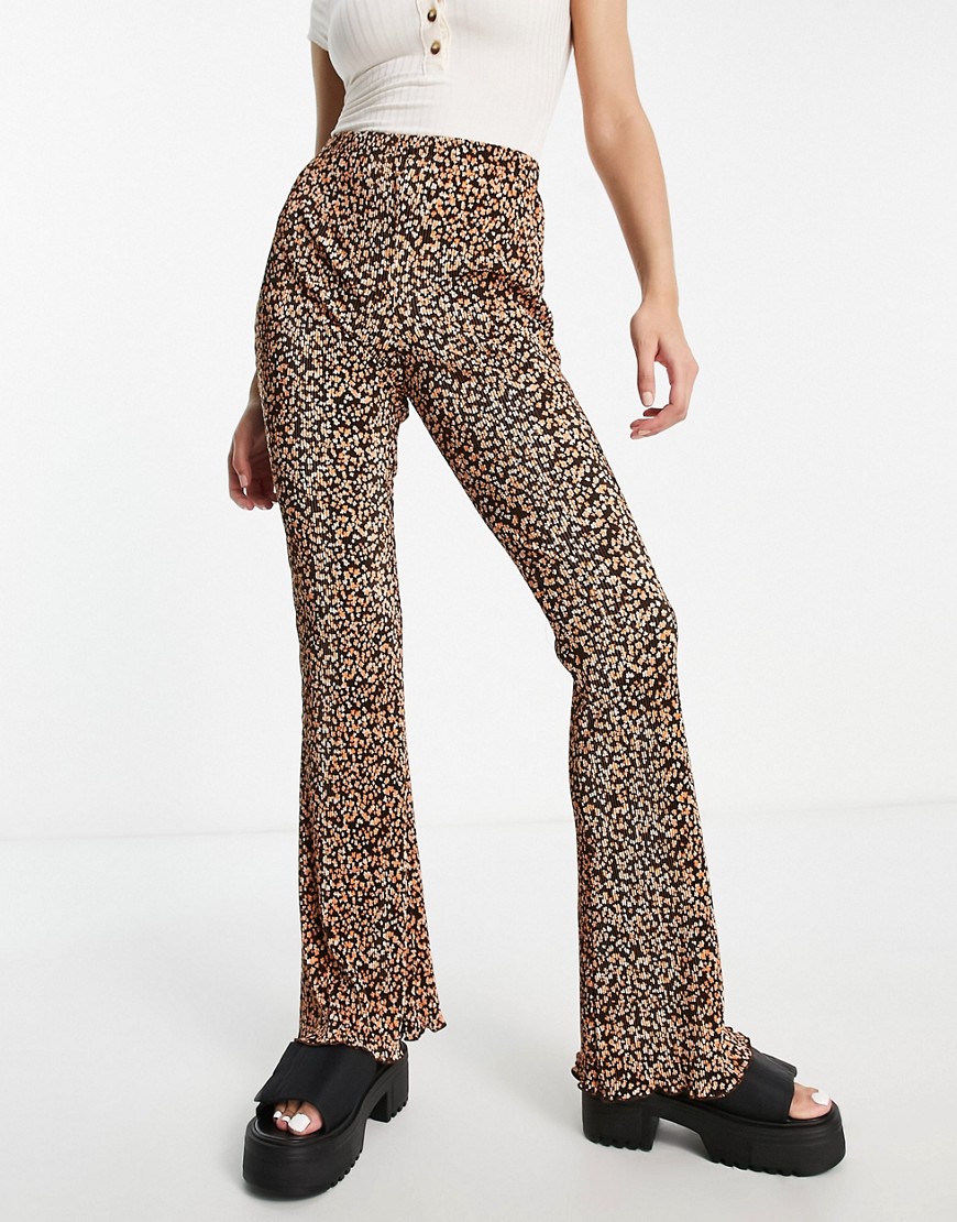 Topshop floral print plisse flared trouser in brown