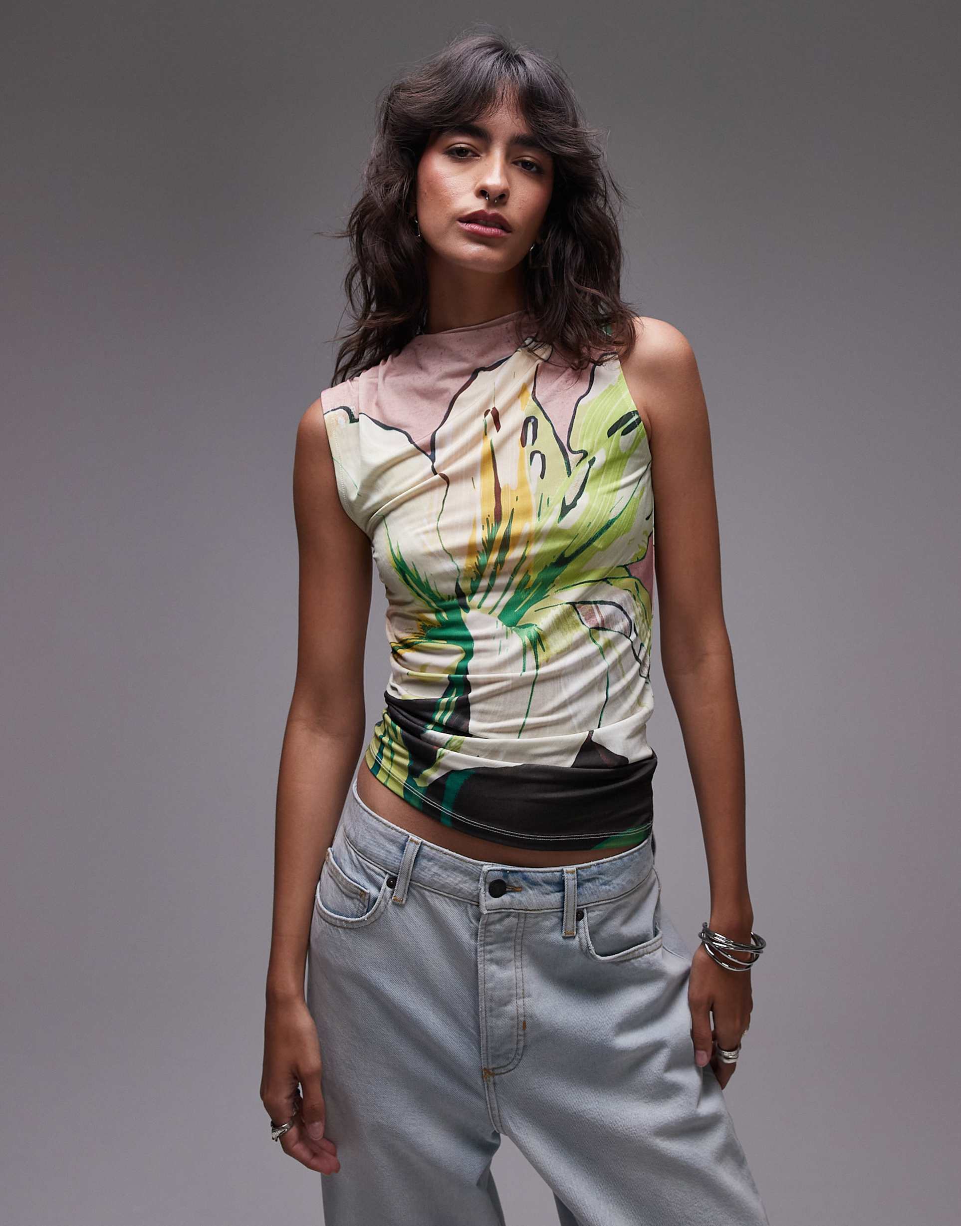 topshop floral print ruched tank top in multi