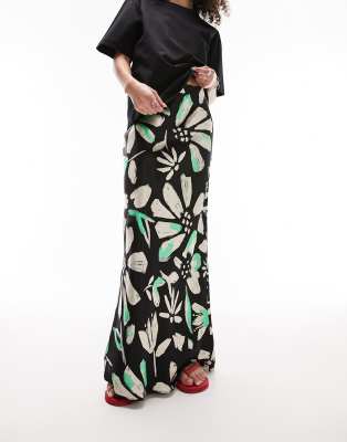 floral print satin bias maxi skirt in multi