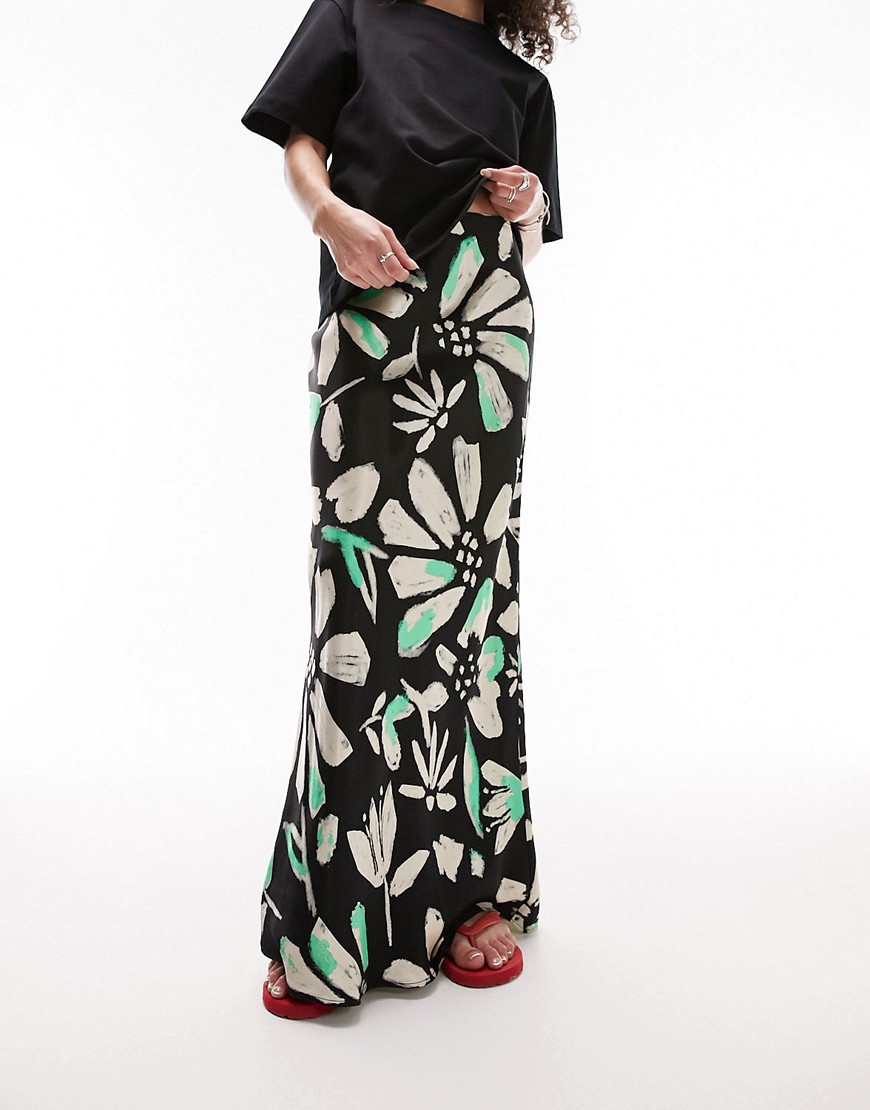 Topshop floral print satin bias maxi skirt in multi