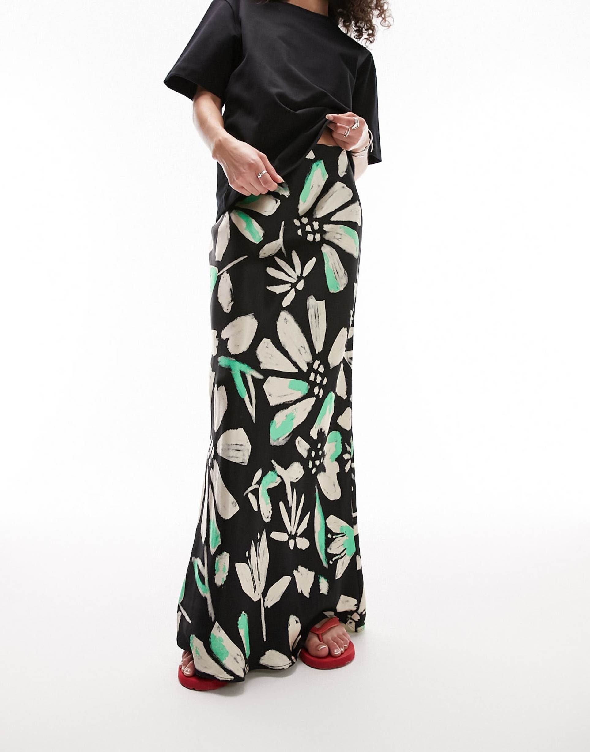 topshop floral print satin bias maxi skirt in multi