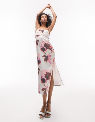 Shop Topshop Floral Print Satin Cami Midi Dress In Light Pink