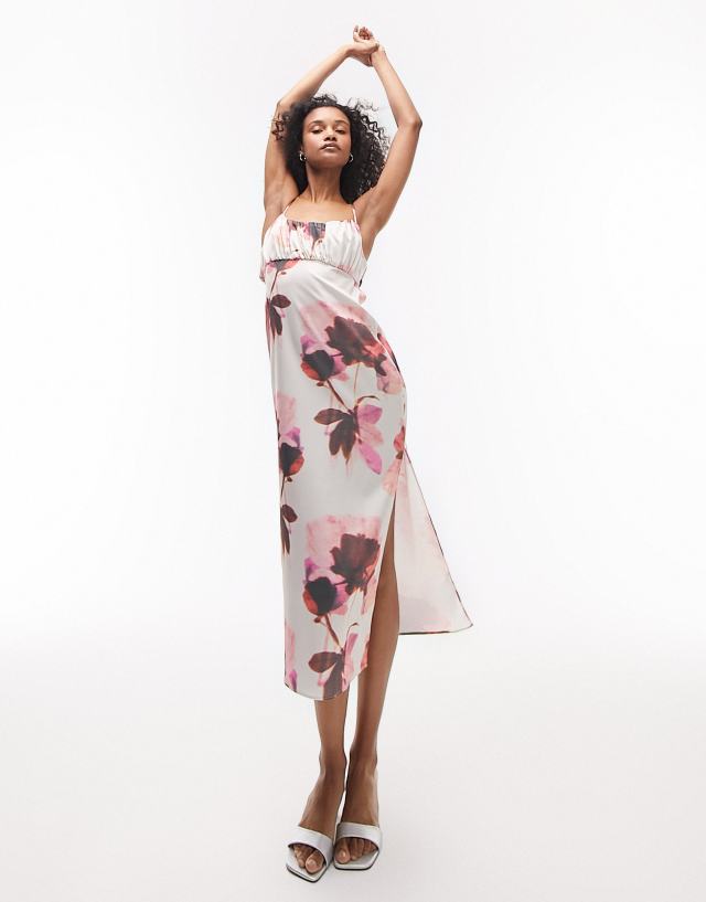 Topshop - floral print satin cami midi dress in light pink