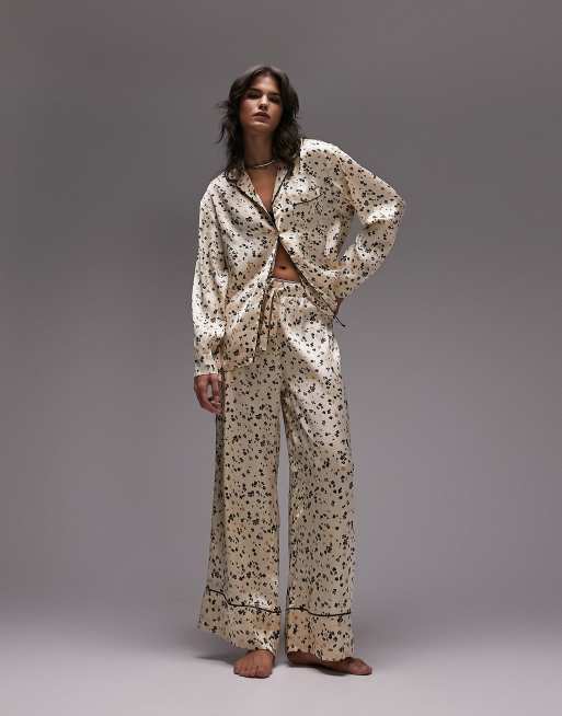 Topshop floral print satin piped shirt trouser pyjama set in cream