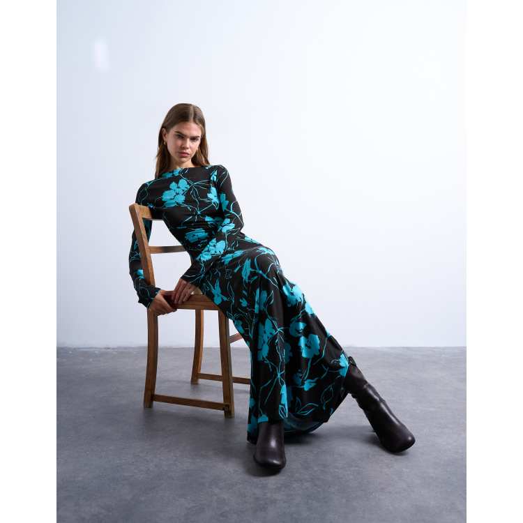 Topshop floral print slash neck long sleeve maxi dress in chocolate-Brown