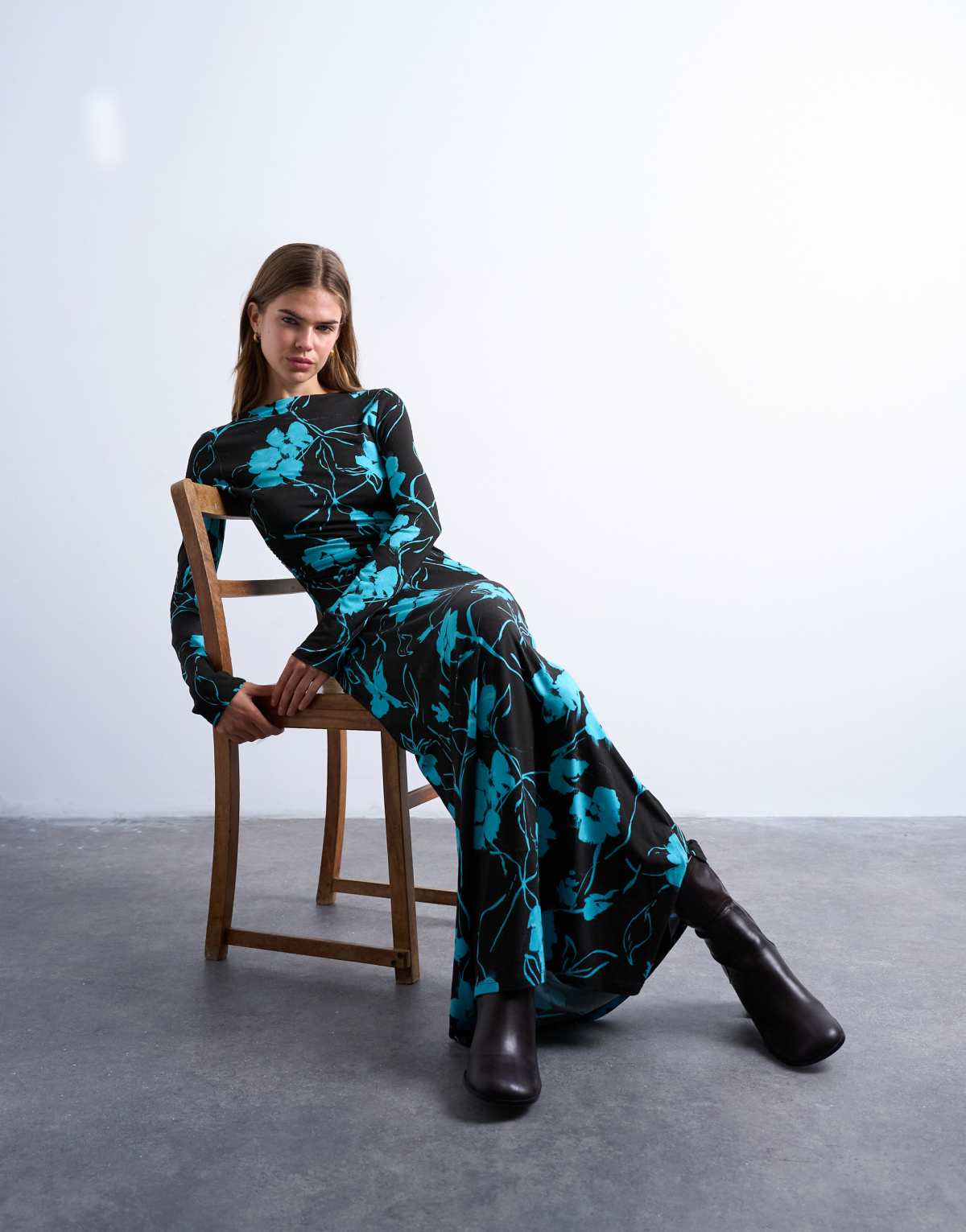 Topshop floral print slash neck long sleeve maxi dress in chocolate