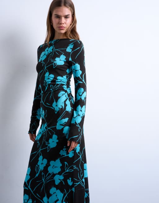 Topshop floral print slash neck long sleeve maxi dress in chocolate